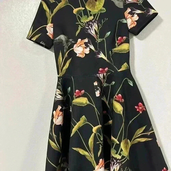 166. TED BAKER  Women's Black Moven Floral Skater Dress SZ 1 - Picture 2 of 8